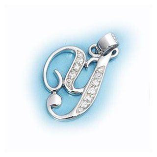 Sterling Silver Old Script Calligraphy Style with Clear CZ Stones Initial Letter "Y" Pendant Jewelry