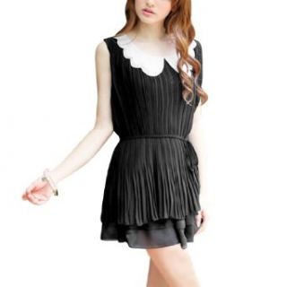 Woman Hollow Out Doll Collar Lining Pleated Tunic Shirt