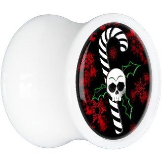 5/8" White Acrylic Christmas Skull Holly Candy Cane Saddle Plug Body Candy Jewelry