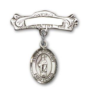 JewelsObsession's Sterling Silver Baby Badge with St. Gregory the Great Charm and Arched Polished Badge Pin Jewels Obsession Jewelry