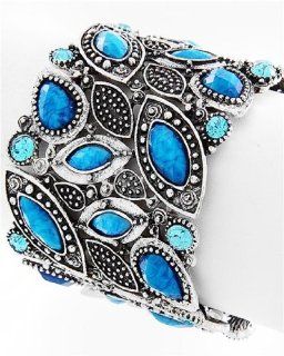 Turquoise Blue Stretch Bracelet Stones Crystals BT Burnish Silver Tone Wide Jewelry