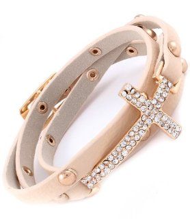 Faux Leather Wrap able Crystal Studs Cross Bracelet [Natural]   23" (L) x 0.24"(W)  Other Products  