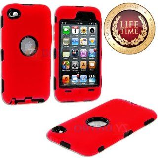 myLife (TM) Vibrant Red + Black Armored Survivor (Built In Screen Protector) Shockproof Case for iPod 4/4S (4G) 4th Generation iTouch (Full Body Armor Outfit + Soft Silicone External Shock Proof Gel + 2 Piece Internal Snap On Shield + Lifetime Warranty + S
