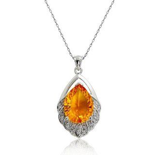 PRJewelry Golden Orange Crystal and 0.65ct CZ 18k White Gold Plated Pendant Necklace 16" Jewelry
