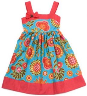 Rare Editions Girls 2 6X Printed Floral Woven Dress, Turquoise/Coral, 5 Clothing