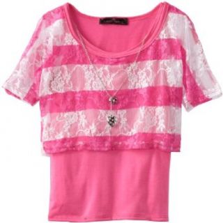 Almost Famous Girls 7 16 Lace Popover, Neon Pink, Small 7/8 Fashion T Shirts Clothing