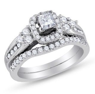 14K White Gold Princess and Round Cut Diamond Bridal Engagement Ring and Matching Wedding Band Two 2 Ring Set   Halo Prong Set Classic Traditional Solitaire Shape Center Setting   (1.13 cttw.   .38ct. Center Stone) Jewelry