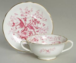 Coalport Cairo Pink On White (Not Raised, Gold) Footed Cream Soup Bowl & Saucer