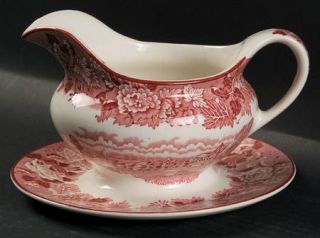 Enoch Wood & Sons English Scenery Pink (Older,Smooth) Gravy Boat with Attached U