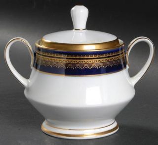 Noritake Vienna Sugar Bowl & Lid, Fine China Dinnerware   Blue Band, Gold Decor