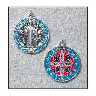 Silver Plate St. Benedict Medal, Painted Pendant, Very Large, 1 3/4" Diameter, in Addition to the Unconditional Indulgence, a Partial Indulgence Is Given to Anyone Who Will "Wear, Kiss or Hold the Medal Between the Hands with Veneration". Ov