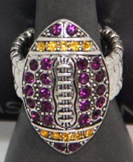 LSU Purple & Gold Rhinestone Football Silver Metal "Stretch" Ring. Football is approximately 1 1/2 inches long & 1 inch wide   Celebrate Louisiana State University Football with LSU Tiger Rhinestone Football Jewelry  Sports Related Co