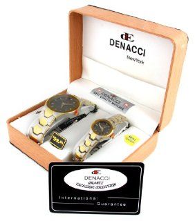 Denacci His and Hers Matching Stainless Steel Watches. Elegant Matte Silver tone finish with Polished Gold Tone accents, Black Metallic clock face. Jewelry