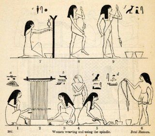 1854 Woodcut Ancient Egypt Women Spindle Weaving Loom Archaeology Hieroglyphics   Original Woodcut   Woodcuts Prints