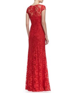 David Meister Short Sleeve Ruched Waist Lace Gown, Red