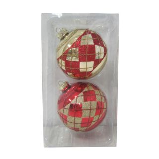 Holiday Living 2 Pack Red and Gold Plaid Glass Ornaments