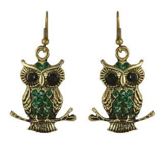 Woman Women Green Plastic Beads Metal Owl Fish Hook Earrings Bronze Tone Pair Dangle Earrings Jewelry