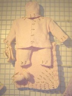 Cpk83pbkbm, Knitted on Hand Knitting Machine Then Finished By Hand Crochet Infant Girls Outfit, Containing Baby Pink Chenille Cardigan Sweater, Pant, Hat, Booty, Mitten and Matching Gita Blanket Set Trimmed with Small Satin Rosebuds. Infant And Toddler La