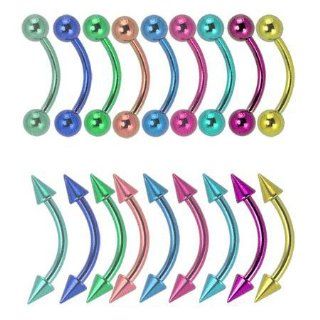 16G 5/16" Unalloyed Solid Grade 2 Titanium Curved Eyebrow with Plain 3MM Ball Assortment   9 Pack of Different Colors   Green, Yellow, Teal, Dark Blue, Light Blue, Dark Purple, Purple, Light Purple and Pink Jewelry