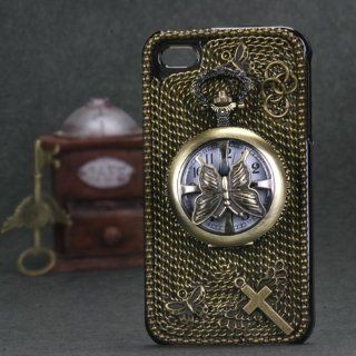 Hard Plastic Snap on Cover Fits Apple iPhone 4 4S Butterfly Pocket Watch Crystal 3D Diamond Plus A Free LCD Screen Protector AT&T, Verizon (does NOT fit Apple iPhone or iPhone 3G/3GS or iPhone 5/5S/5C) Cell Phones & Accessories