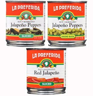 La Preferida Sliced Jalapeno Nacho, Green Jalapeno and Red Jalapeno Peppers Combo Pack, 7 Ounce (Pack of 8)  Snack Party Mixes  Grocery & Gourmet Food