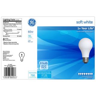 GE 8 Pack 60 Watt A19 Medium Base Soft White Dimmable Incandescent Light Bulbs