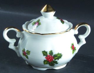 Lefton Holly Sugar Bowl & Lid, Fine China Dinnerware   Holly,Red Berries,No Cand