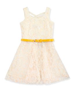 Neon Lace Belted Skater Dress, Ivory/Orange, 7 10