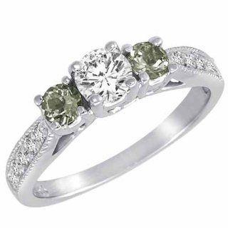 DivaDiamonds C6610GADGAW8 14K White Gold Round 3 Stone Diamond and Green Amethyst Engagement Ring with Milgrain Pave Set Shank, 1.00 ctw, Size 8 Diva Diamonds 