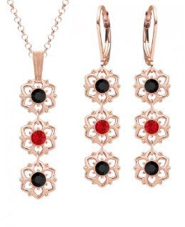 European Style 24K Pink Gold Plated over .925 Sterling Silver Jewelry Set Pendant and Earrings by Lucia Costin with Flowers and Dots, Ornate with Red and Black Swarovski Crystals; Handmade in USA Lucia Costin Jewelry