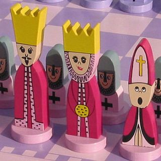 pink character chess set by emma jefferson