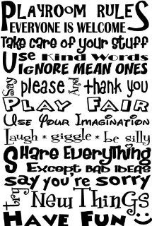 Playroom Rules everyone is welcome Take care of your stuff Use kind words Ignore mean ones say please and thank you Play fair Use your Imagination Laugh Giggle Be silly Share everything except bad ideas Say your sorry Try new Things Have Fun. cute wall art