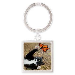 Black and white tuxedo cat playing Square Keychain by Admin_CP70839509