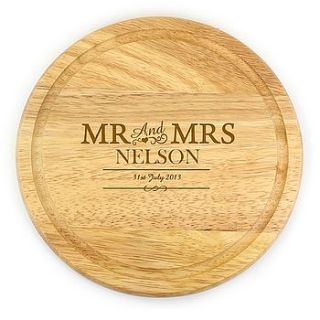 mr and mrs personalised round chopping board by hope and willow