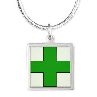 Green Medical Cross Silver Square Necklace by HashKush
