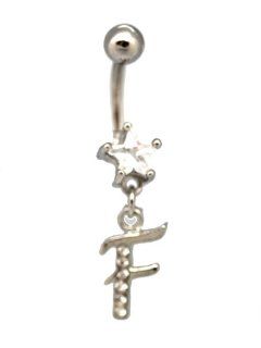 Silver Tone Initial F Charm Belly Ring Clear Star Rhinestone Studded Letter F Bananabell (14 Gauge) Stainless Steel (316L Surgical Steel) Navel Ring Body Piercing (1pc)  