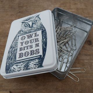 owl tin for 'owl your bits and bobs' by hunter gatherer