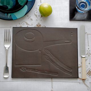 tooled leather asparagus and pan placemat by sue lowday