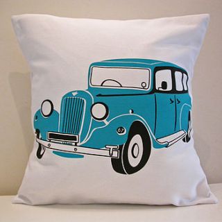british austin car cushion cover in teal by moonglow art