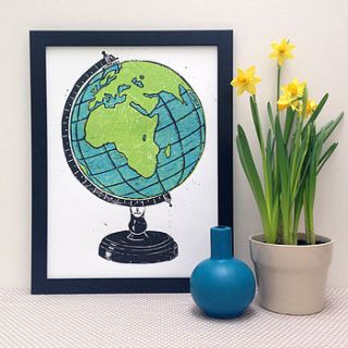 globe with fish linocut print   white version by woah there pickle