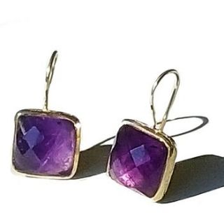 gold purple amethyst square drop earrings by amara amara