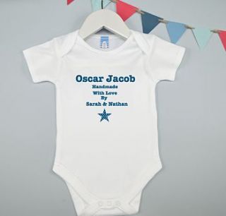 personalised boy's handmade by baby grow by tillie mint