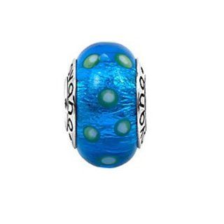 Murano Glass Metallic Blue with Yellowish Spots Charm Bead on Sterling Silver Whole Core , Fits Pandora, Jovana Bracelet Jewelry