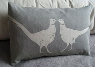 hand printed kissing pheasant cushion by helkatdesign