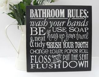 handmade 'bathroom rules' wall art by country touches