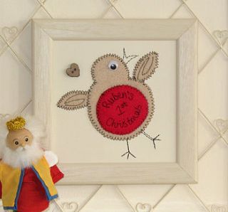 personalised robin embroidered framed artwork by zoe gibbons