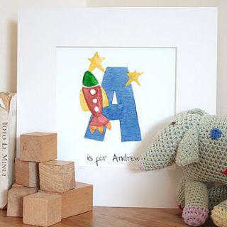 personalised hand painted space rocket initial painting by fiona carver