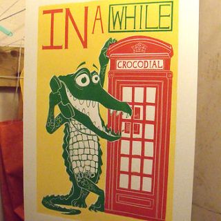 crocodial hand printed linocut print by cardinky