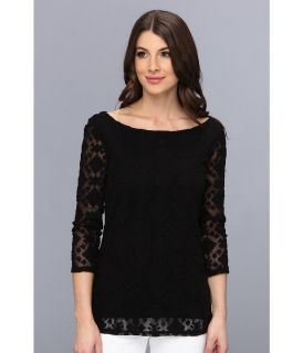 Three Dots 3/4 Sleeve Lace Top Womens Blouse (Black)