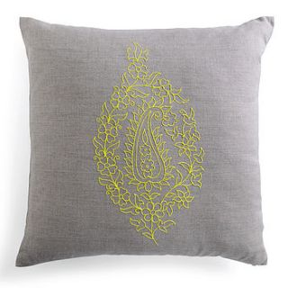 embroidered yellow paisley linen cushion by home address